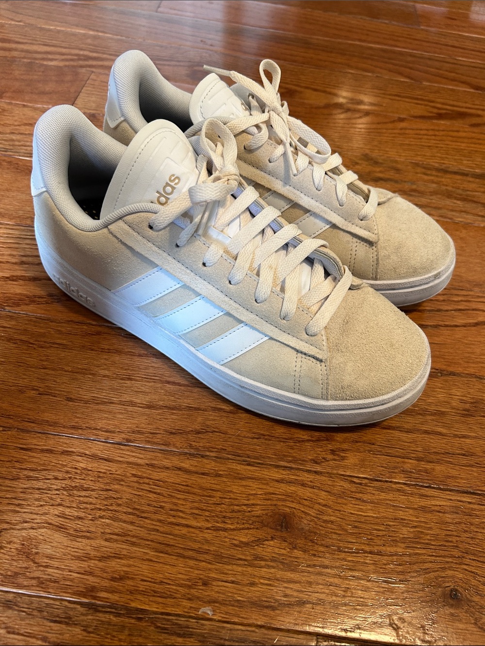 adidas Cream Suede Sneakers with White Stripes - Picture 1 of 5